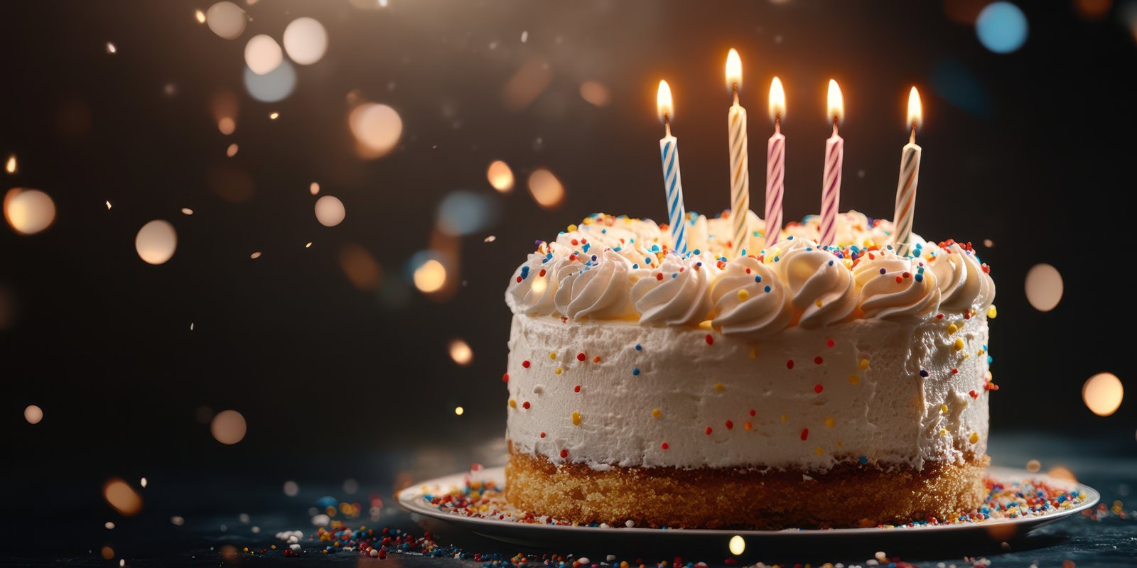 Celebratory birthday cake with candles lit and colorful sprinkles on a dark background